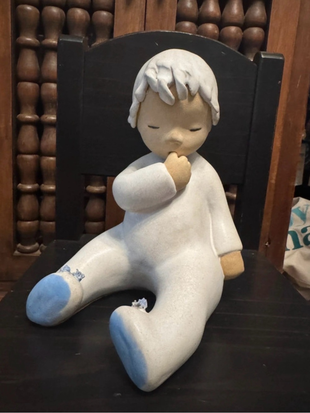 Signed White and Blue Ceramic Sleeping Child Figurine - Elaine Carlock